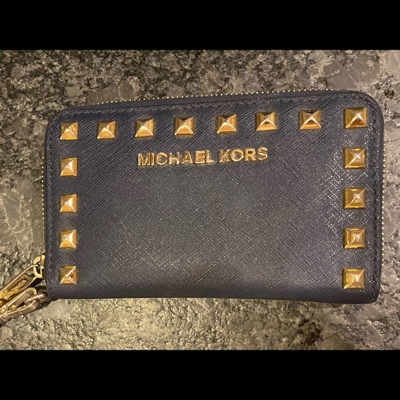 Michael Kors wallet - navy with gold soft spike trimming! Includes clutch strap - Picture 2 of 8